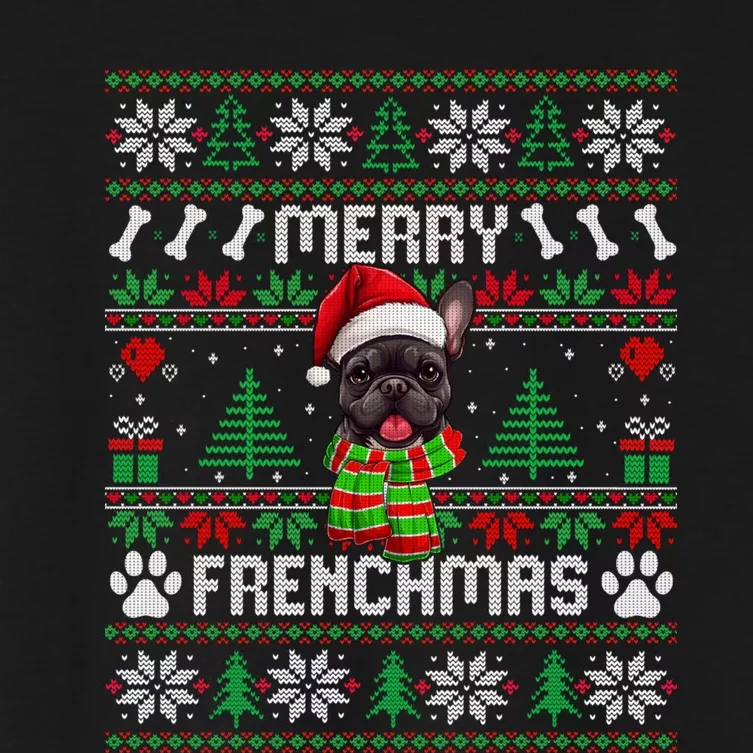 Funny Merry Frenchmas French Bulldog Christmas Ugly Sweater Women's Crop Top Tee