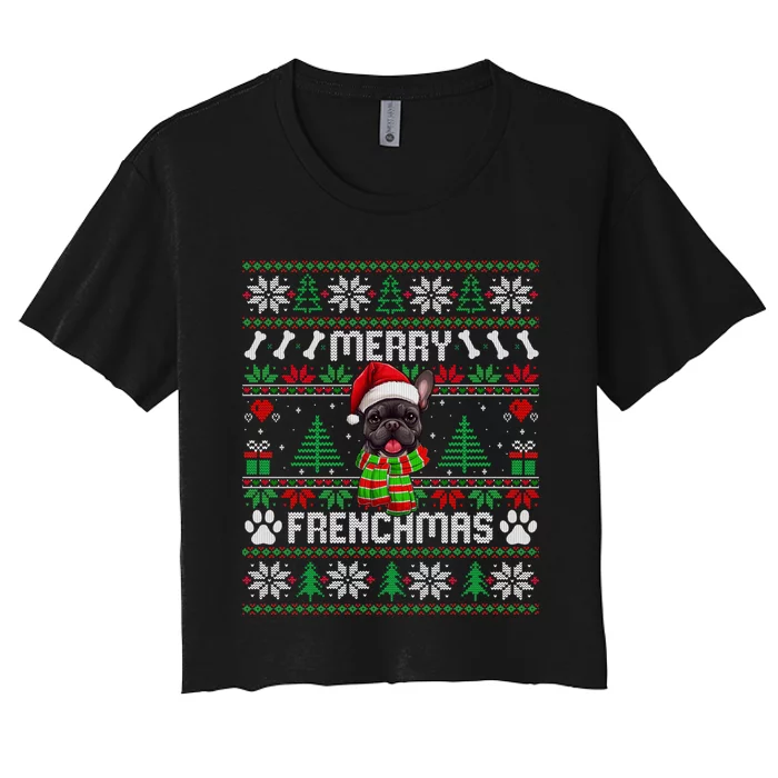 Funny Merry Frenchmas French Bulldog Christmas Ugly Sweater Women's Crop Top Tee