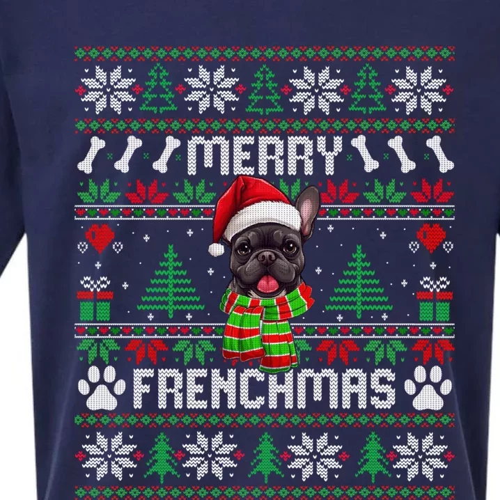 Funny Merry Frenchmas French Bulldog Christmas Ugly Sweater Sueded Cloud Jersey T-Shirt