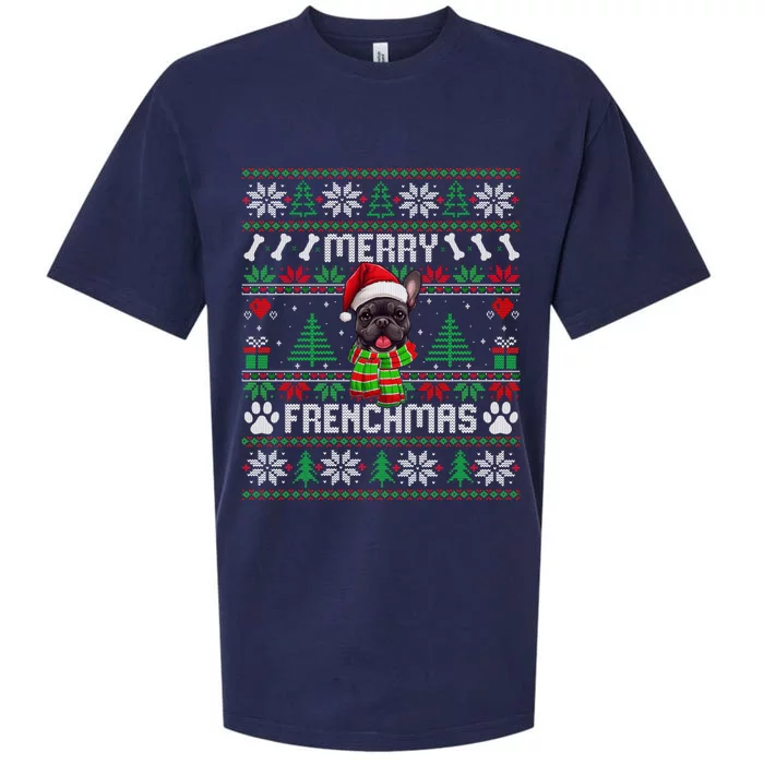 Funny Merry Frenchmas French Bulldog Christmas Ugly Sweater Sueded Cloud Jersey T-Shirt