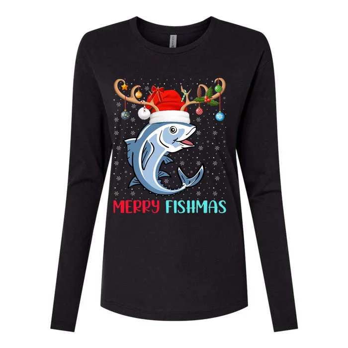 Funny Merry Fishmas Reindeer Santa Hat Fishing Christmas Womens Cotton Relaxed Long Sleeve T-Shirt