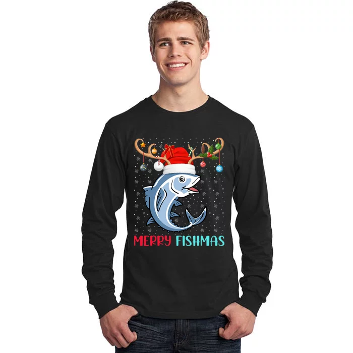 Funny Merry Fishmas Reindeer Santa Hat Fishing Christmas Tall Long Sleeve T-Shirt