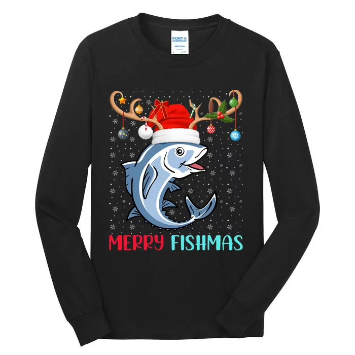 Funny Merry Fishmas Reindeer Santa Hat Fishing Christmas Tall Long Sleeve T-Shirt