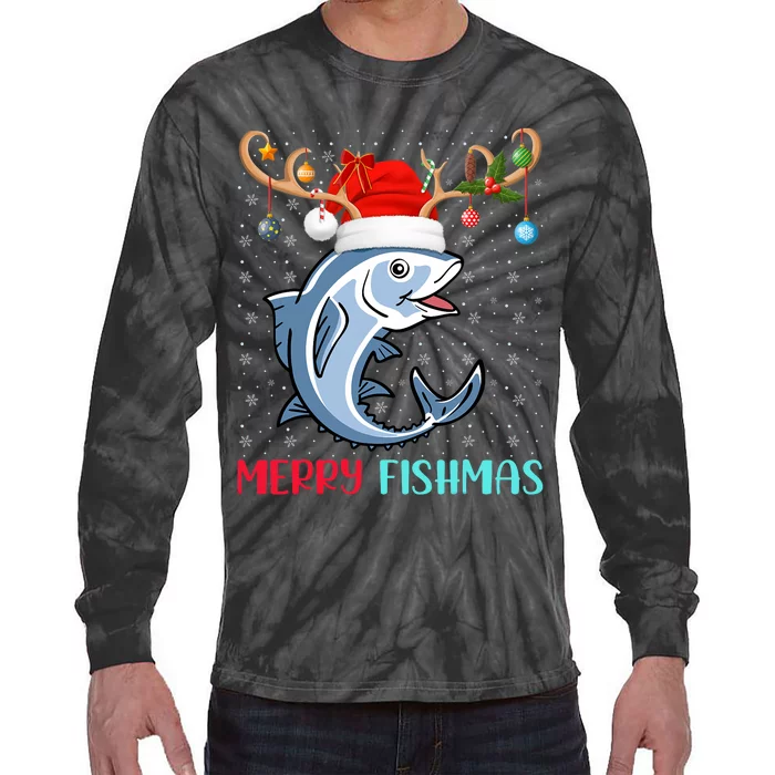 Funny Merry Fishmas Reindeer Santa Hat Fishing Christmas Tie-Dye Long Sleeve Shirt