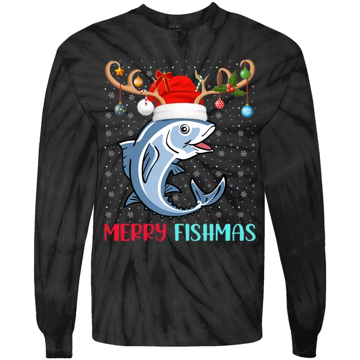 Funny Merry Fishmas Reindeer Santa Hat Fishing Christmas Tie-Dye Long Sleeve Shirt