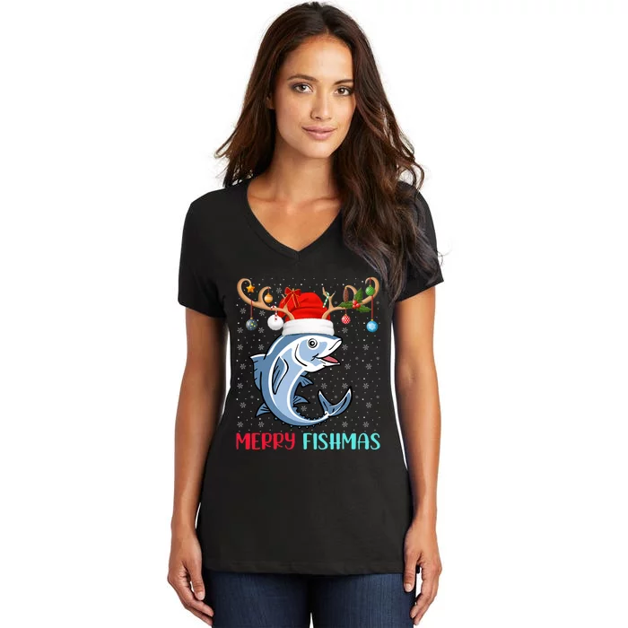 Funny Merry Fishmas Reindeer Santa Hat Fishing Christmas Women's V-Neck T-Shirt