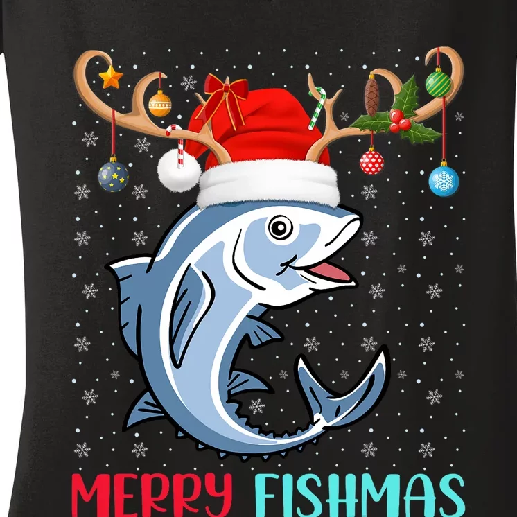 Funny Merry Fishmas Reindeer Santa Hat Fishing Christmas Women's V-Neck T-Shirt