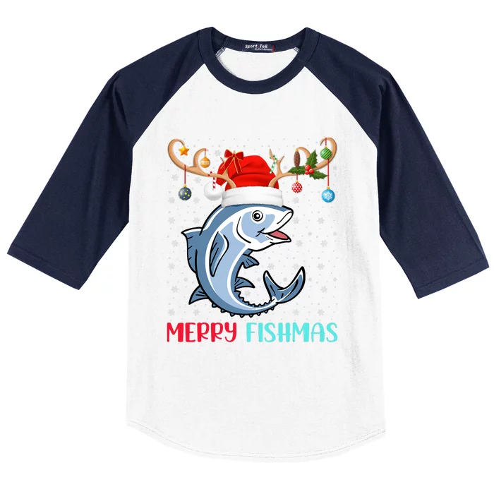 Funny Merry Fishmas Reindeer Santa Hat Fishing Christmas Baseball Sleeve Shirt