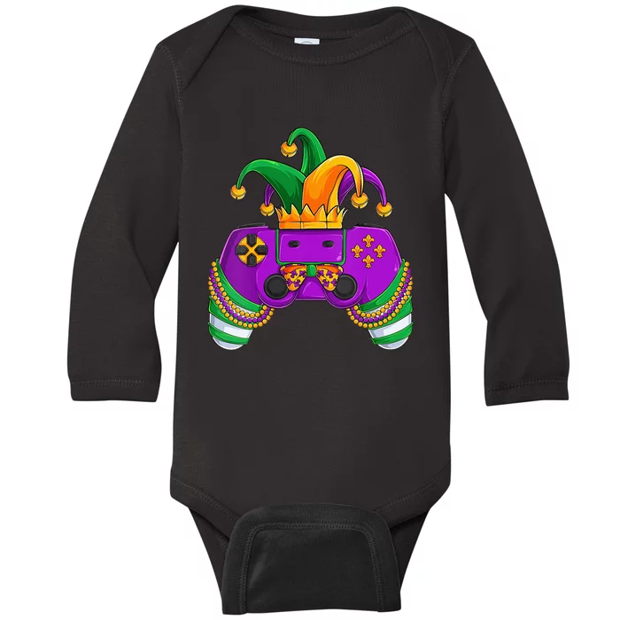 Funny Mardi Gras Video Games Controller Jester Hat Gamer Baby Long Sleeve Bodysuit