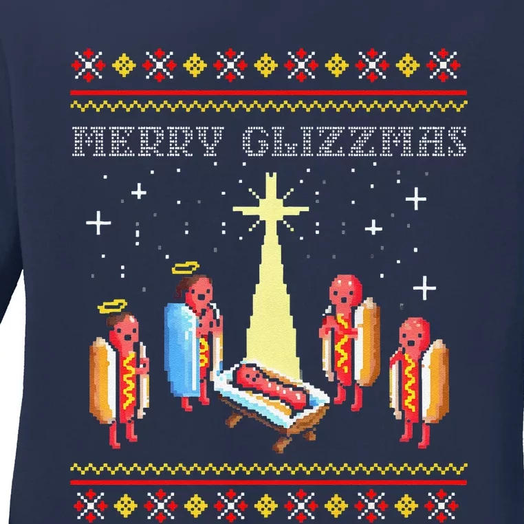 Funny Merry Glizzmas Tacky Merry Christmas Hot Dogs Ladies Long Sleeve Shirt