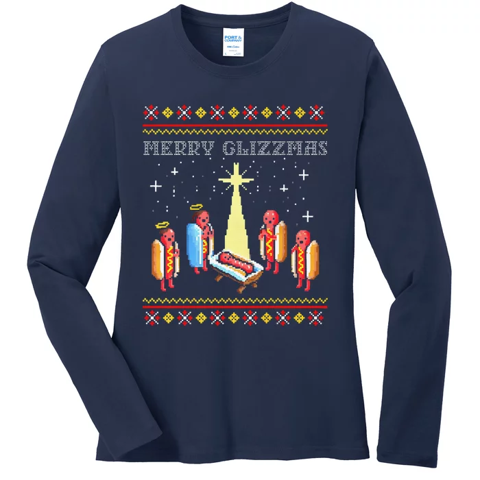 Funny Merry Glizzmas Tacky Merry Christmas Hot Dogs Ladies Long Sleeve Shirt