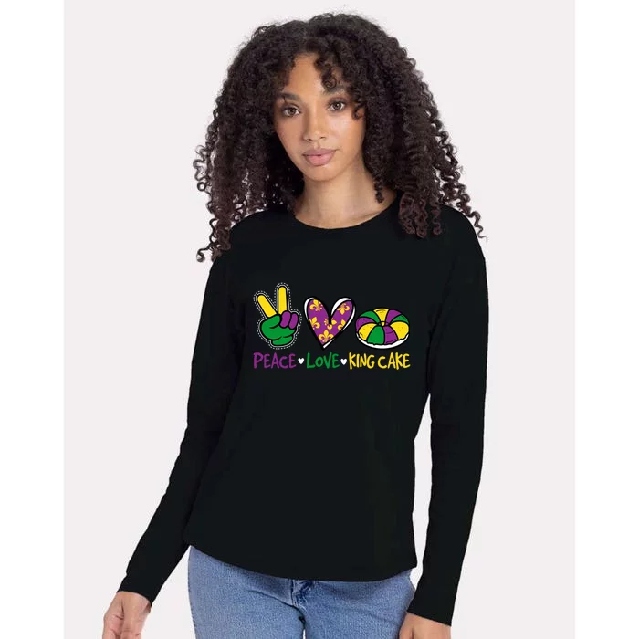 Funny Mardi Gras Festival Party Peace Love King Cake Gift Womens Cotton Relaxed Long Sleeve T-Shirt