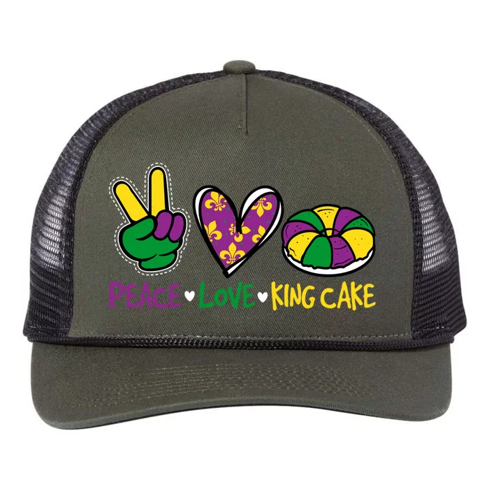 Funny Mardi Gras Festival Party Peace Love King Cake Gift Retro Rope Trucker Hat Cap