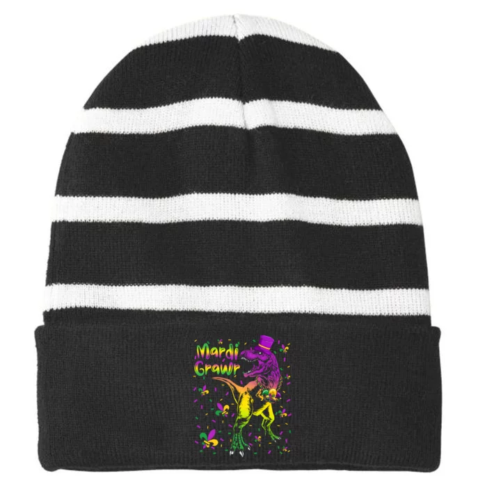 Funny Mardi Gras Festival Grawr Dinosaur Striped Beanie with Solid Band