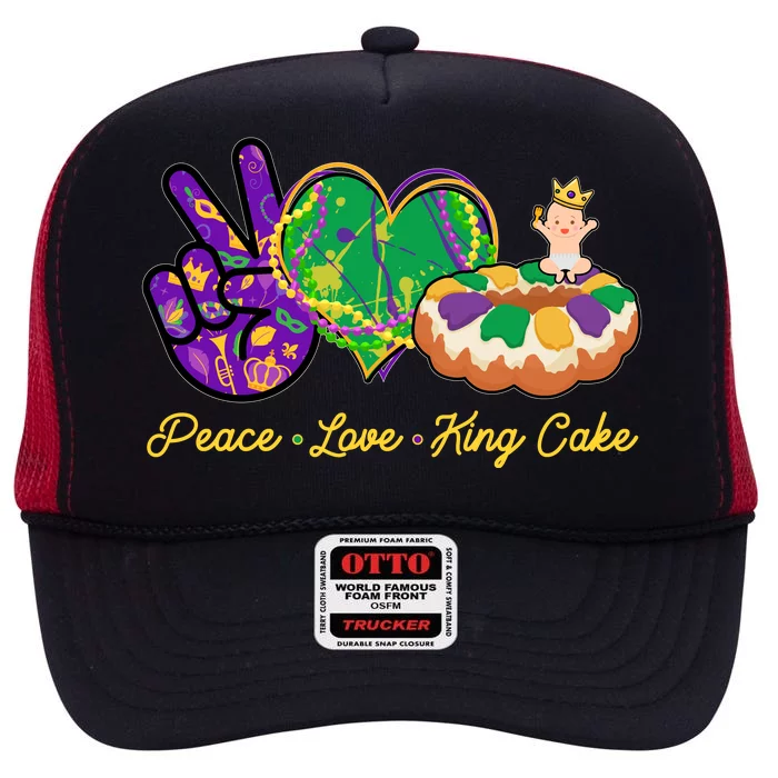 Funny Mardi Gras Peace Love King Cake High Crown Mesh Trucker Hat