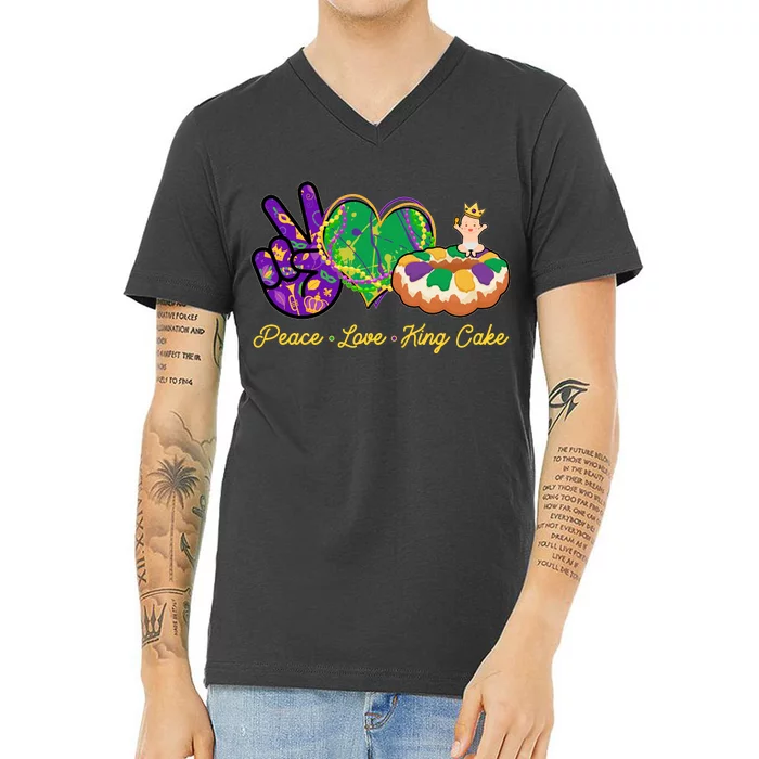 Funny Mardi Gras Peace Love King Cake V-Neck T-Shirt