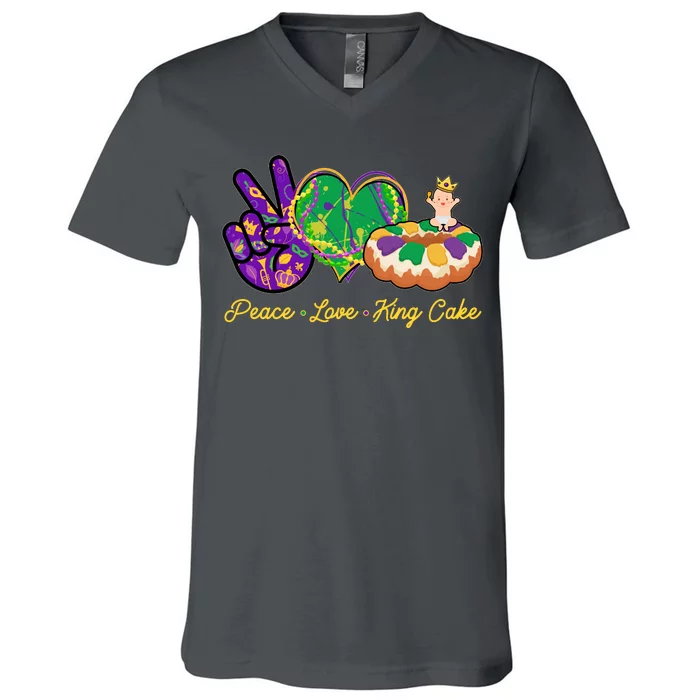 Funny Mardi Gras Peace Love King Cake V-Neck T-Shirt