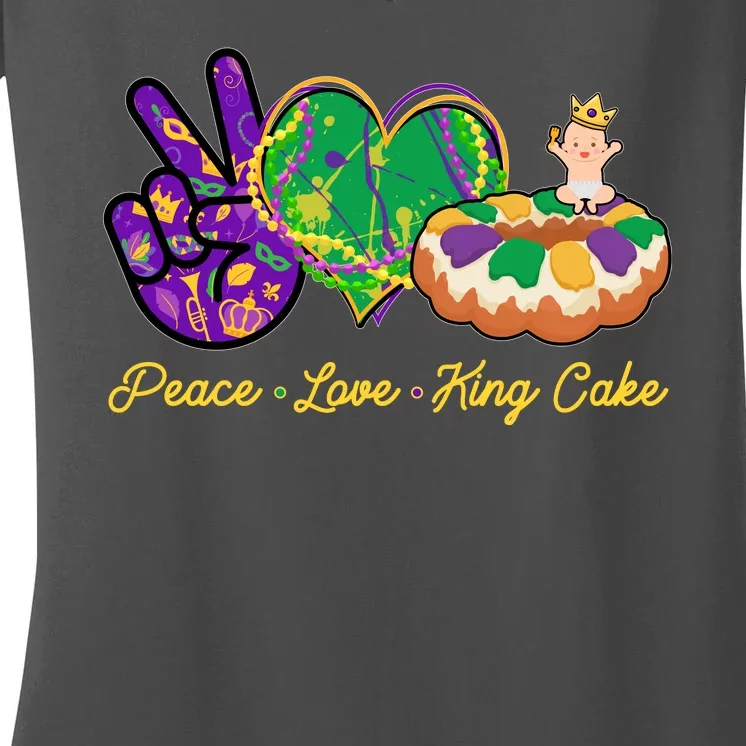 Funny Mardi Gras Peace Love King Cake Women's V-Neck T-Shirt