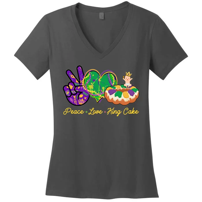 Funny Mardi Gras Peace Love King Cake Women's V-Neck T-Shirt