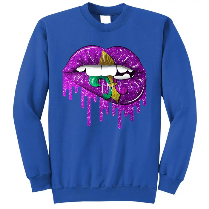 Funny Mardi Gras Carnival Purple Gold Lips Dripped Gift Tall Sweatshirt