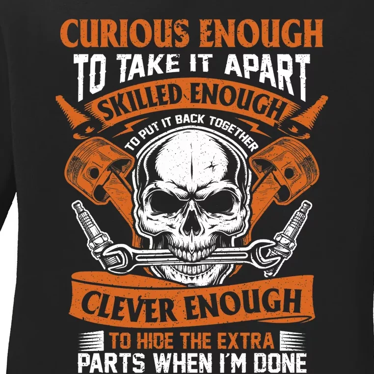 Funny Mechanic Gift Curious Skilled And Clever Car Fixing Ladies Long Sleeve Shirt