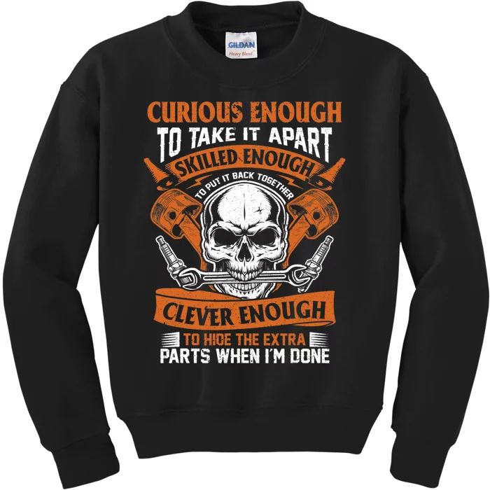 Funny Mechanic Gift Curious Skilled And Clever Car Fixing Kids Sweatshirt