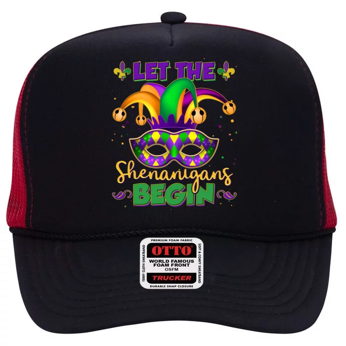 Funny Mardi Gras Let The Shenanigans Begin Jester Hat Mask High Crown Mesh Trucker Hat