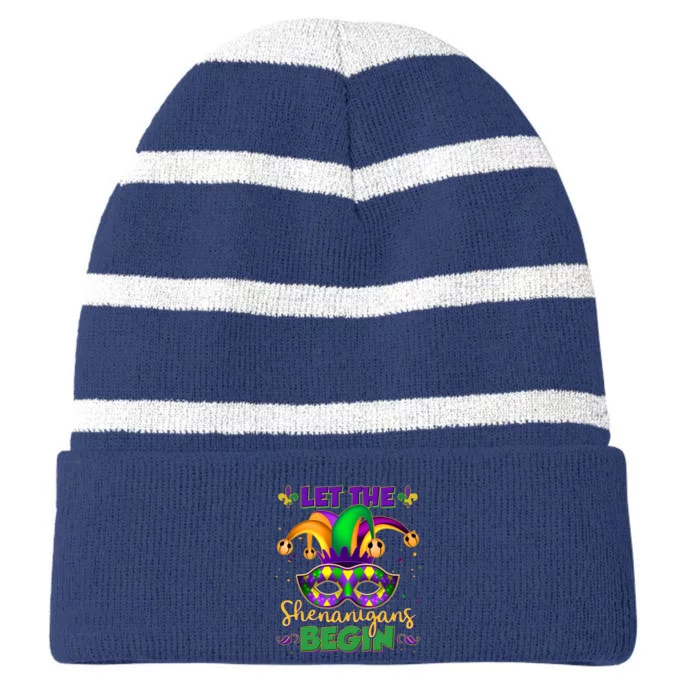 Funny Mardi Gras Let The Shenanigans Begin Jester Hat Mask Striped Beanie with Solid Band