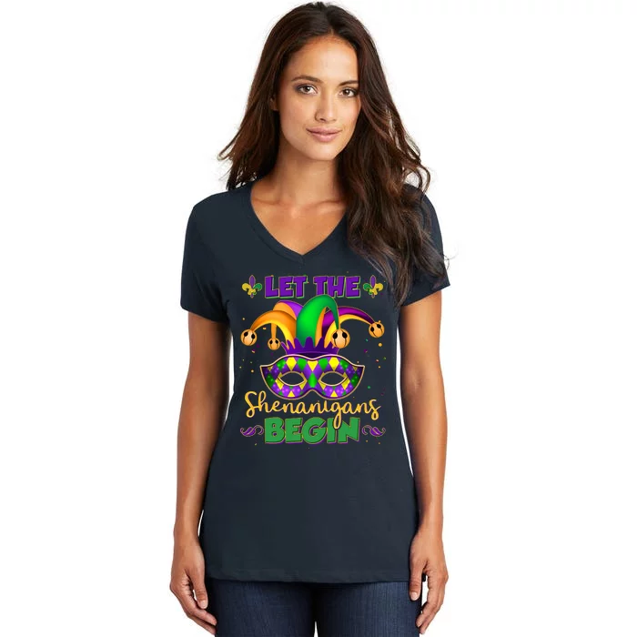 Funny Mardi Gras Let The Shenanigans Begin Jester Hat Mask Women's V-Neck T-Shirt