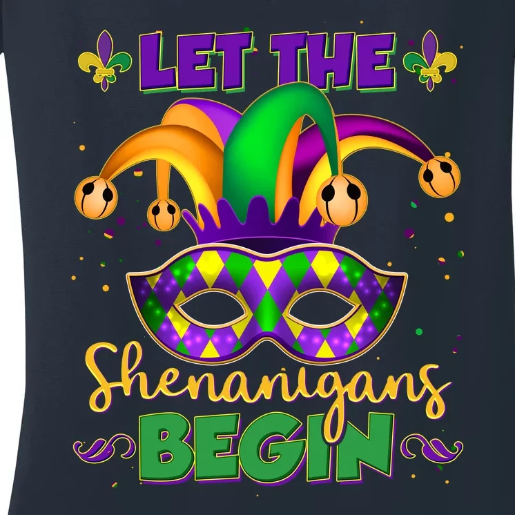 Funny Mardi Gras Let The Shenanigans Begin Jester Hat Mask Women's V-Neck T-Shirt