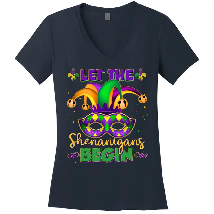 Funny Mardi Gras Let The Shenanigans Begin Jester Hat Mask Women's V-Neck T-Shirt