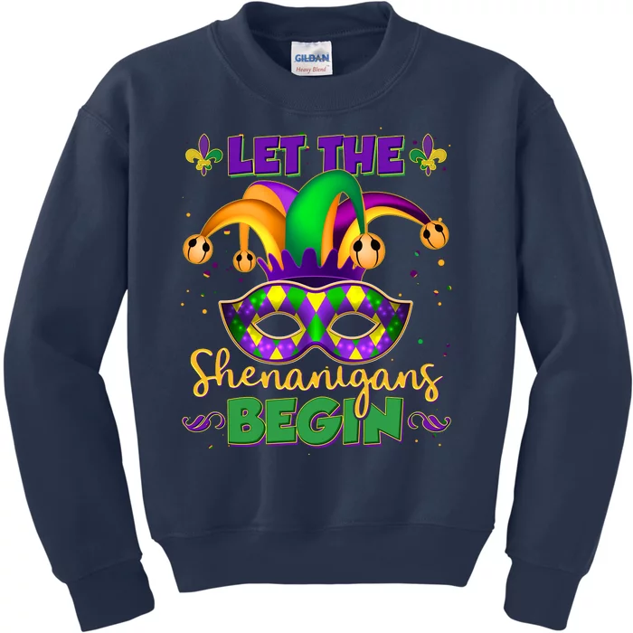 Funny Mardi Gras Let The Shenanigans Begin Jester Hat Mask Kids Sweatshirt