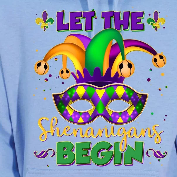 Funny Mardi Gras Let The Shenanigans Begin Jester Hat Mask Unisex Surf Hoodie