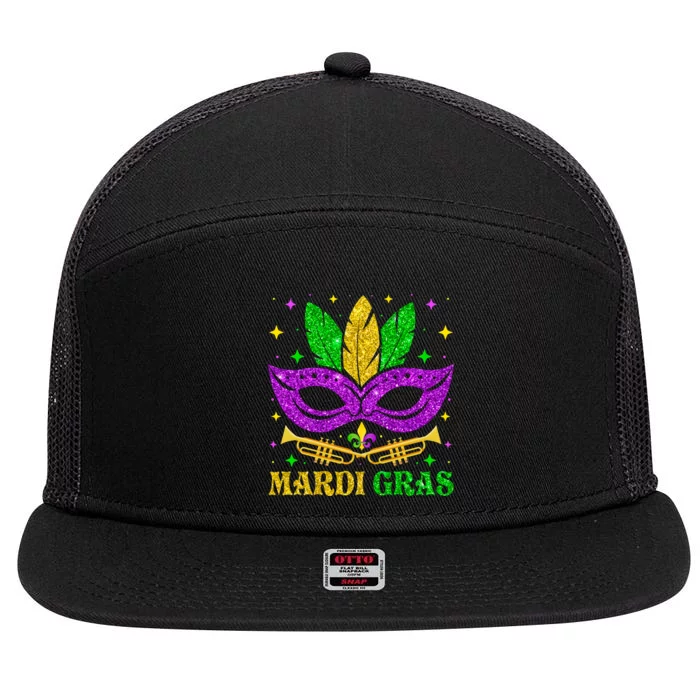 Funny Mardi Gras Mask Mardi Gras Beads 7 Panel Mesh Trucker Snapback Hat