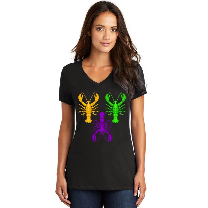 Funny Mardi Gras Crawfish Jester Hat Bead Louisiana Gift Women's V-Neck T-Shirt