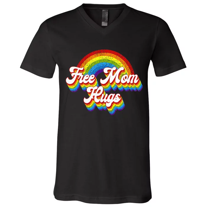 Free Mom Hugs Rainbow Retro LGBT Flag LGBT Pride Month V-Neck T-Shirt