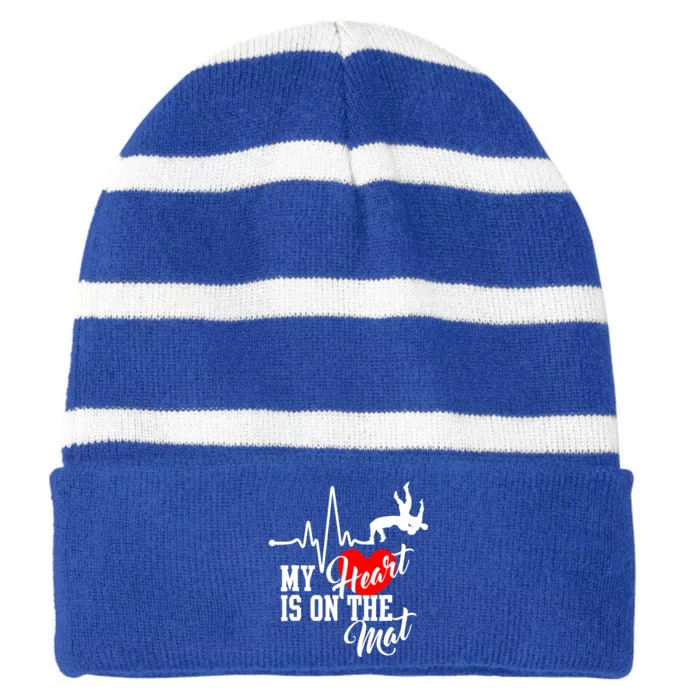 Funny My Heart Is Gift On The Mat Wrestling Mom Gift Striped Beanie with Solid Band