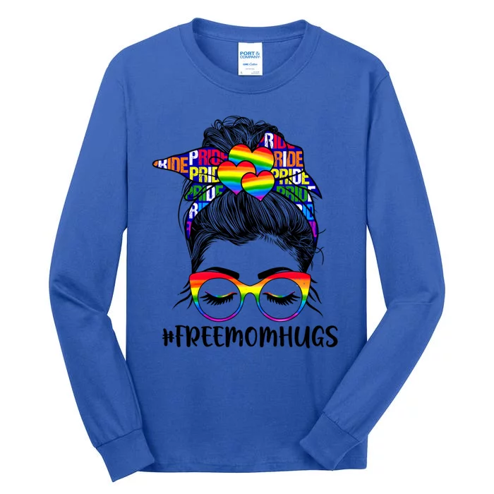 Free Mom Hugs Rainbow Lgbt Support Lgbtq Flag Messy Bun Gift Tall Long Sleeve T-Shirt