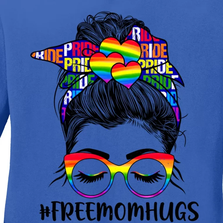 Free Mom Hugs Rainbow Lgbt Support Lgbtq Flag Messy Bun Gift Ladies Long Sleeve Shirt