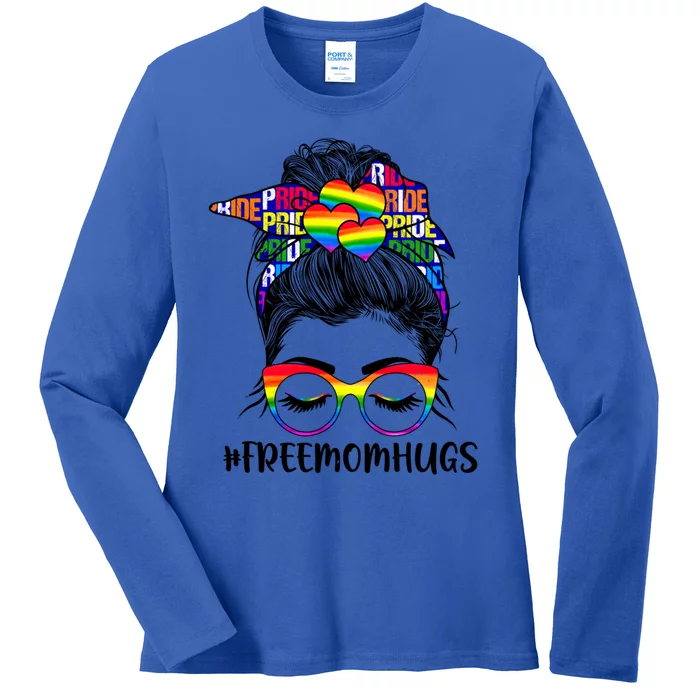 Free Mom Hugs Rainbow Lgbt Support Lgbtq Flag Messy Bun Gift Ladies Long Sleeve Shirt