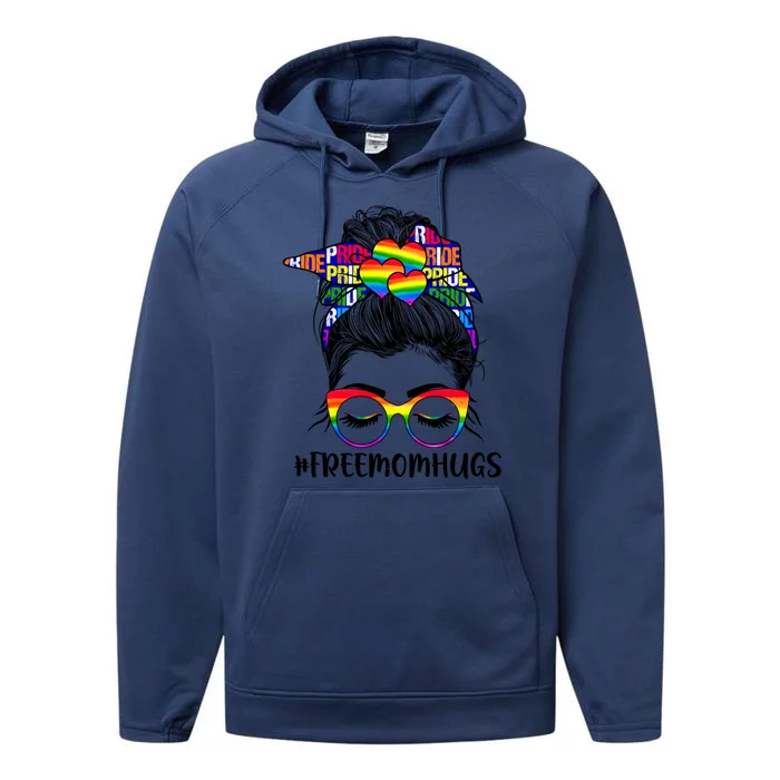 Free Mom Hugs Rainbow Lgbt Support Lgbtq Flag Messy Bun Gift Performance Fleece Hoodie