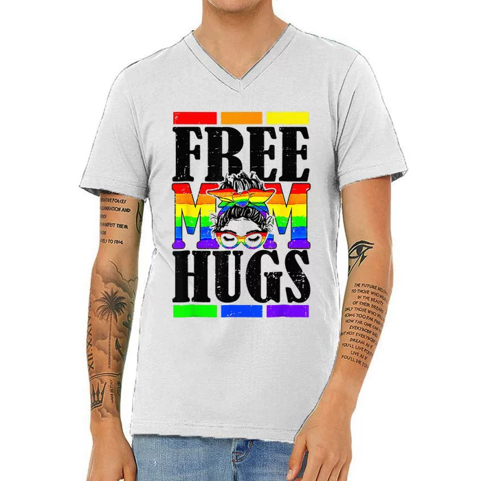 Free Mom Hugs Messy Bun LGBT Pride Month Rainbow V-Neck T-Shirt