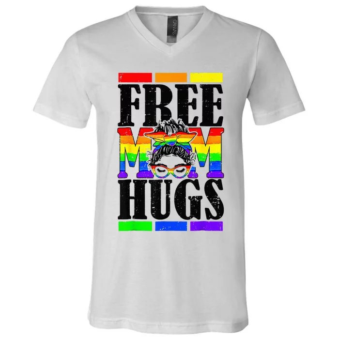 Free Mom Hugs Messy Bun LGBT Pride Month Rainbow V-Neck T-Shirt