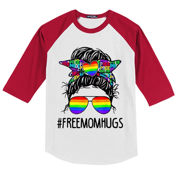 Free Mom Hugs Messy Bun LGBT Pride Rainbow Bleached Funny Kids Colorblock Raglan Jersey