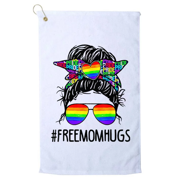 Free Mom Hugs Messy Bun LGBT Pride Rainbow Bleached Funny Platinum Collection Golf Towel