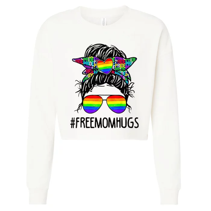 Free Mom Hugs Messy Bun LGBT Pride Rainbow Bleached Funny Cropped Pullover Crew