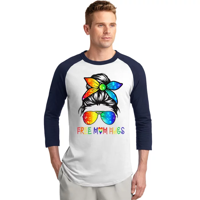 Free Mom Hugs Messy Bun Rainbow LGBT Pride Month Baseball Sleeve Shirt