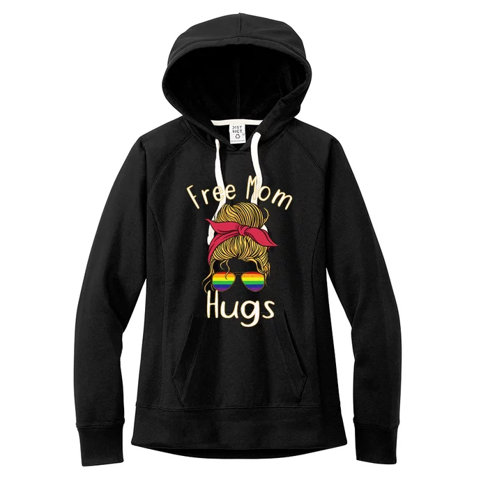 Free Mom Hugs Messy Bun LGBT Pride Rainbow Women's Fleece Hoodie