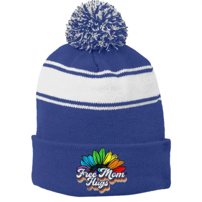 Free Mom Hugs Lgbt Gift Flower Rainbow Lgbt Pride Month Cute Gift Stripe Pom Pom Beanie