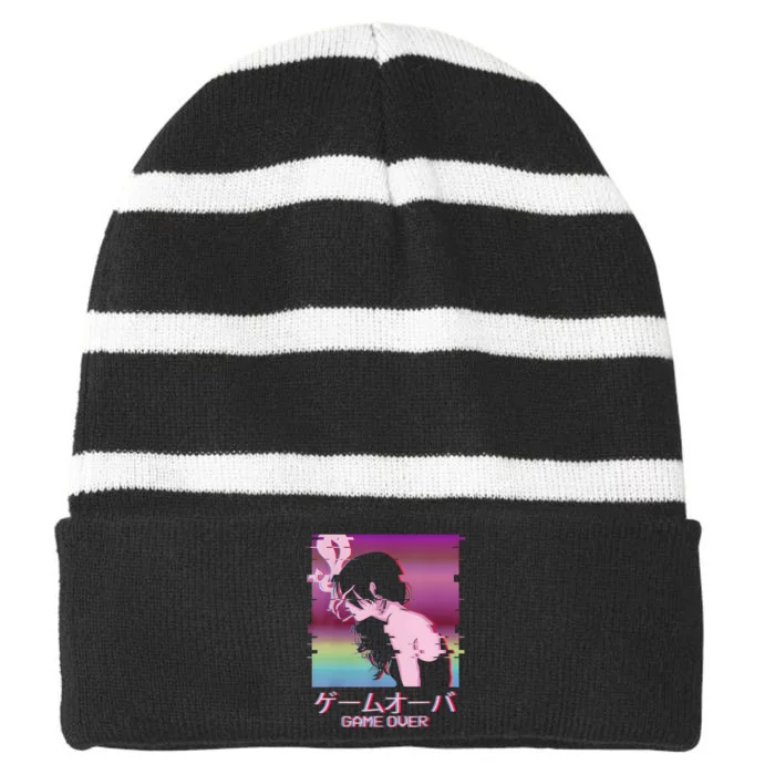 Japanese Vaporwave Sad Anime Girl Game Over Indie Aesthetic Striped Beanie with Solid Band